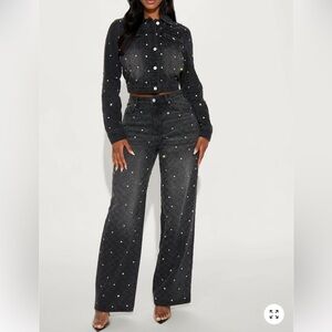 Fashion Nova City Lights Denim Black Studded Flare Jeans and Jacket